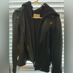 Womens Size L Caslon Leather Moto Jacket Removable Hood